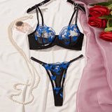 Ladies Sexy Black Lingerie Set Blue Embroidered Brassiere Thong Panties Women Translucent Bowknot Erotic Underwear Set Lenceria thumbnail