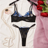 Ladies Sexy Black Lingerie Set Blue Embroidered Brassiere Thong Panties Women Translucent Bowknot Erotic Underwear Set Lenceria thumbnail
