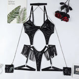 Fetish Sexy Adult Female Bodysuit Porno Handcuff PU Tassel Sex Doll Body Sensual Halter Chain Hollow Belly Dancer Kits thumbnail