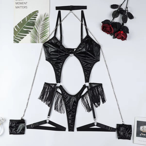 Fetish Sexy Adult Female Bodysuit Porno Handcuff PU Tassel Sex Doll Body Sensual Halter Chain Hollow Belly Dancer Kits